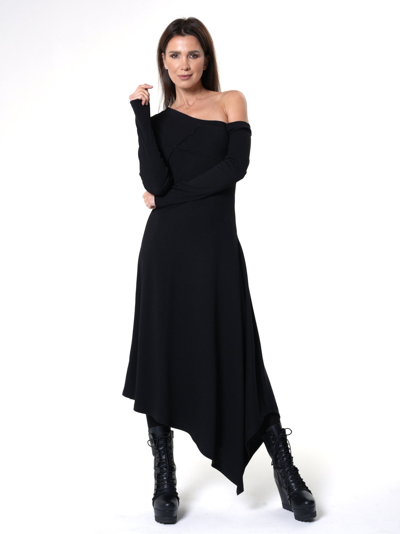 Cold Shoulder Asymmetric Dress In Black