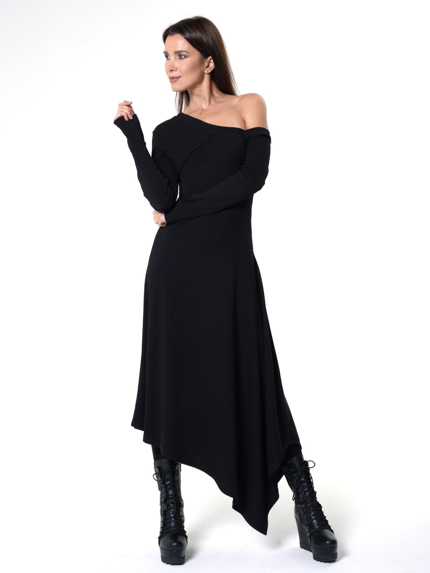 Cold Shoulder Asymmetric Dress In Black