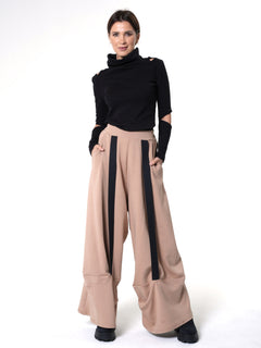 Wide-Leg Beige Pants With Black Stripes