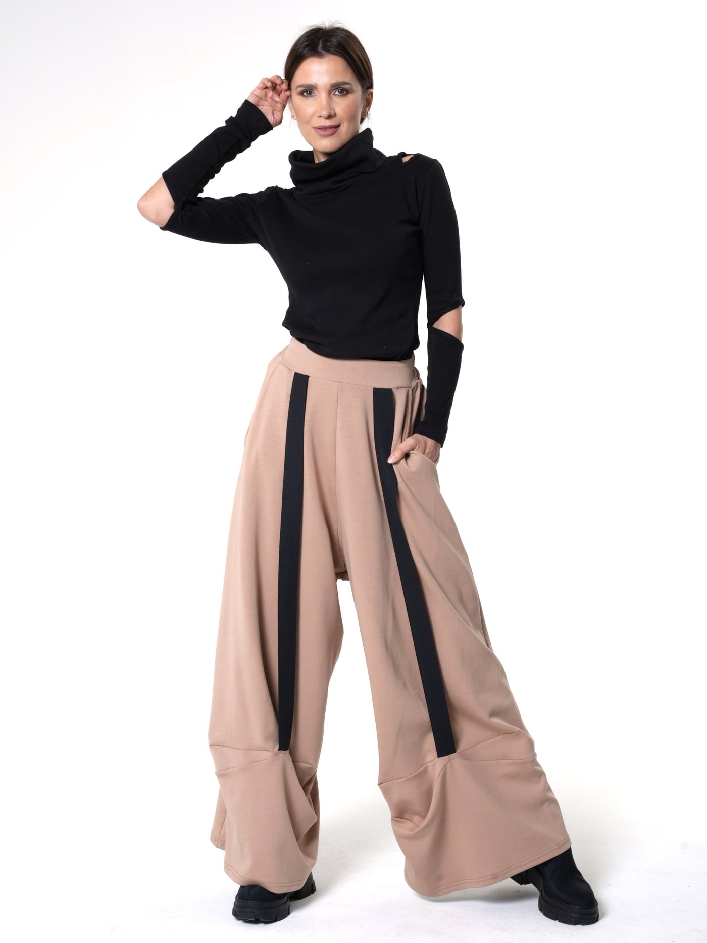 Wide-Leg Beige Pants With Black Stripes