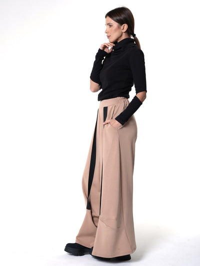 Wide-Leg Beige Pants With Black Stripes