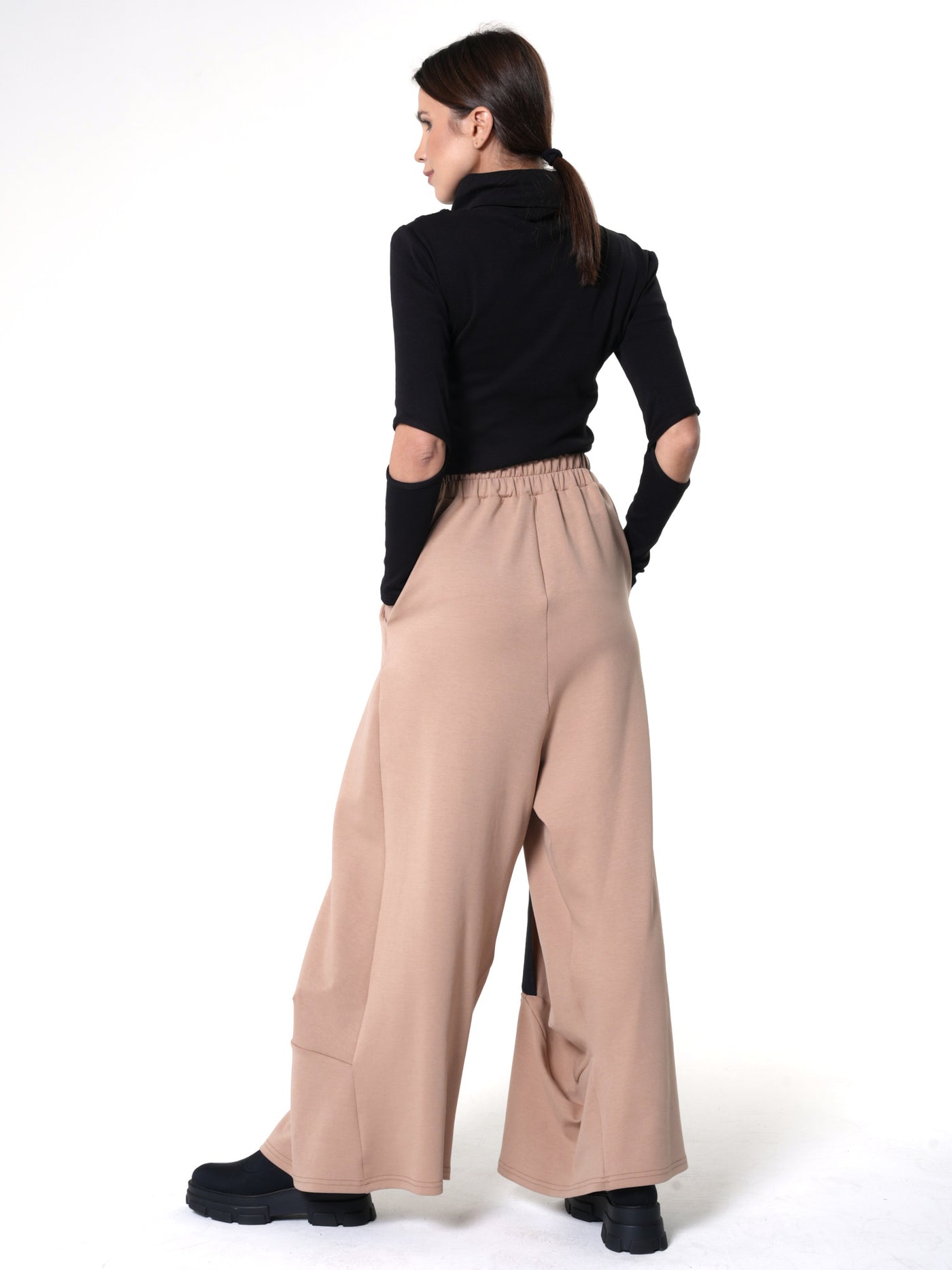 Wide-Leg Beige Pants With Black Stripes