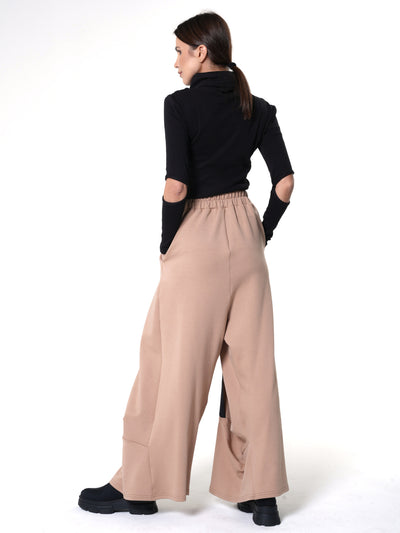 Wide-Leg Beige Pants With Black Stripes