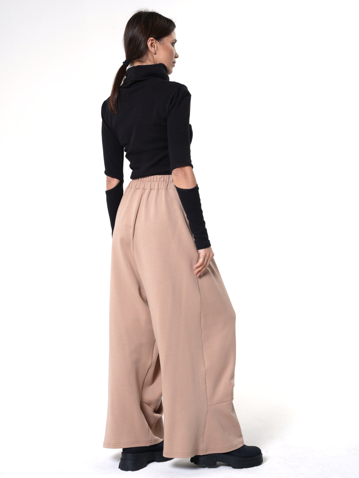 Wide-Leg Beige Pants With Black Stripes