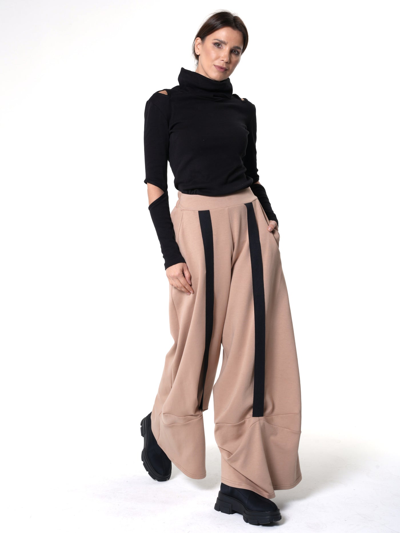 Wide-Leg Beige Pants With Black Stripes