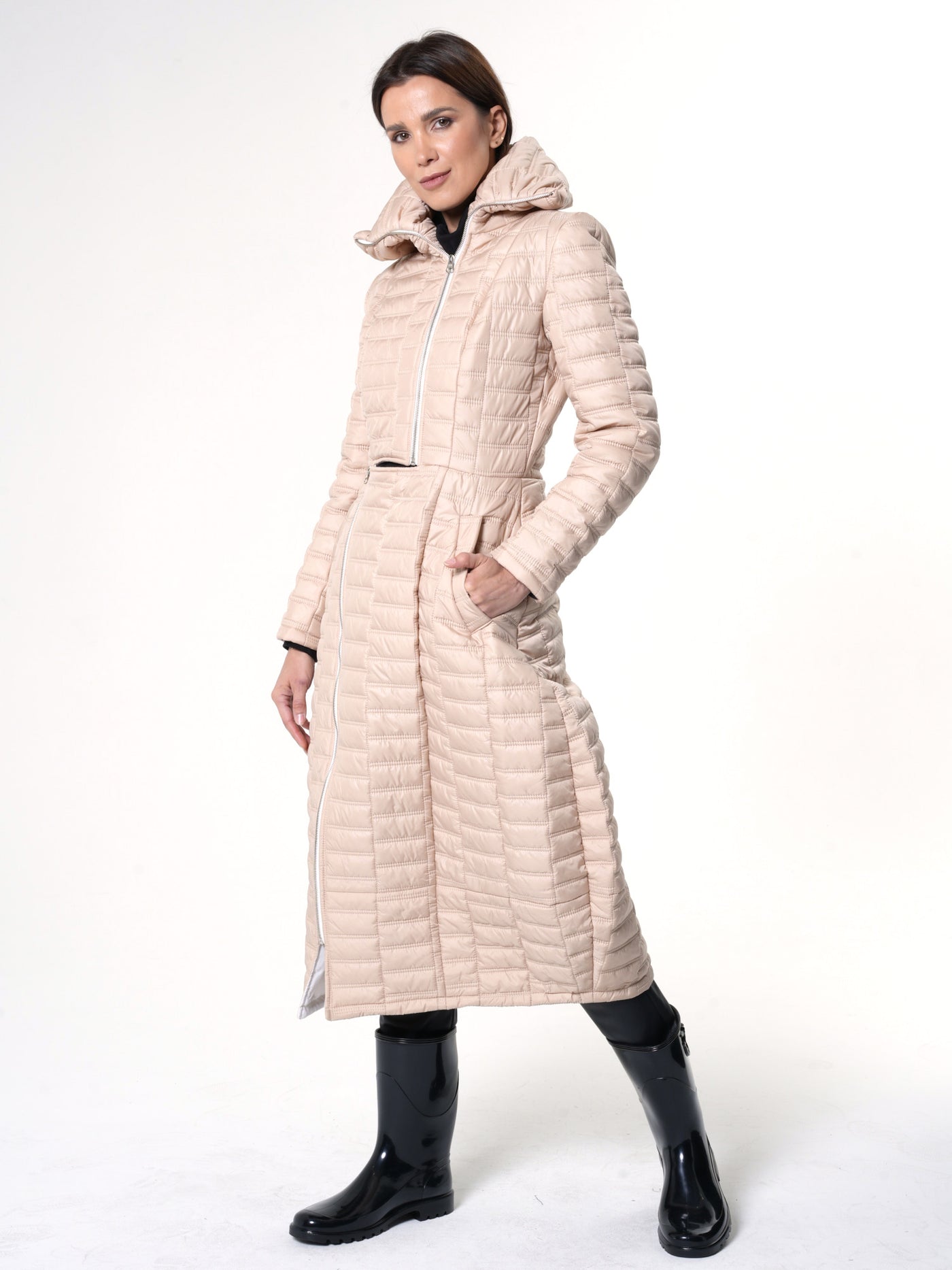 Long Quilted Coat In Beige