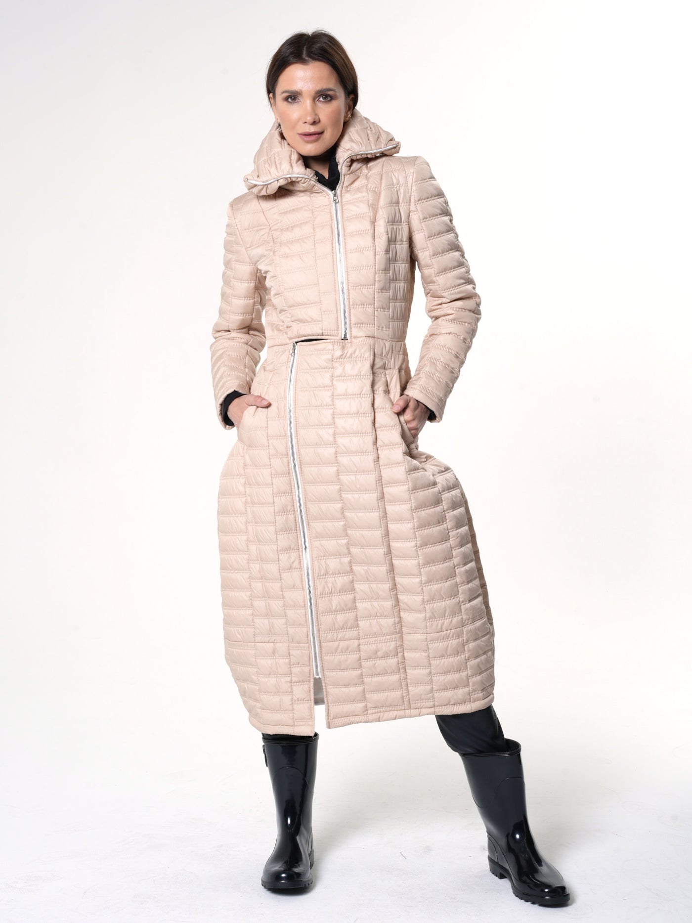 Long Quilted Coat In Beige