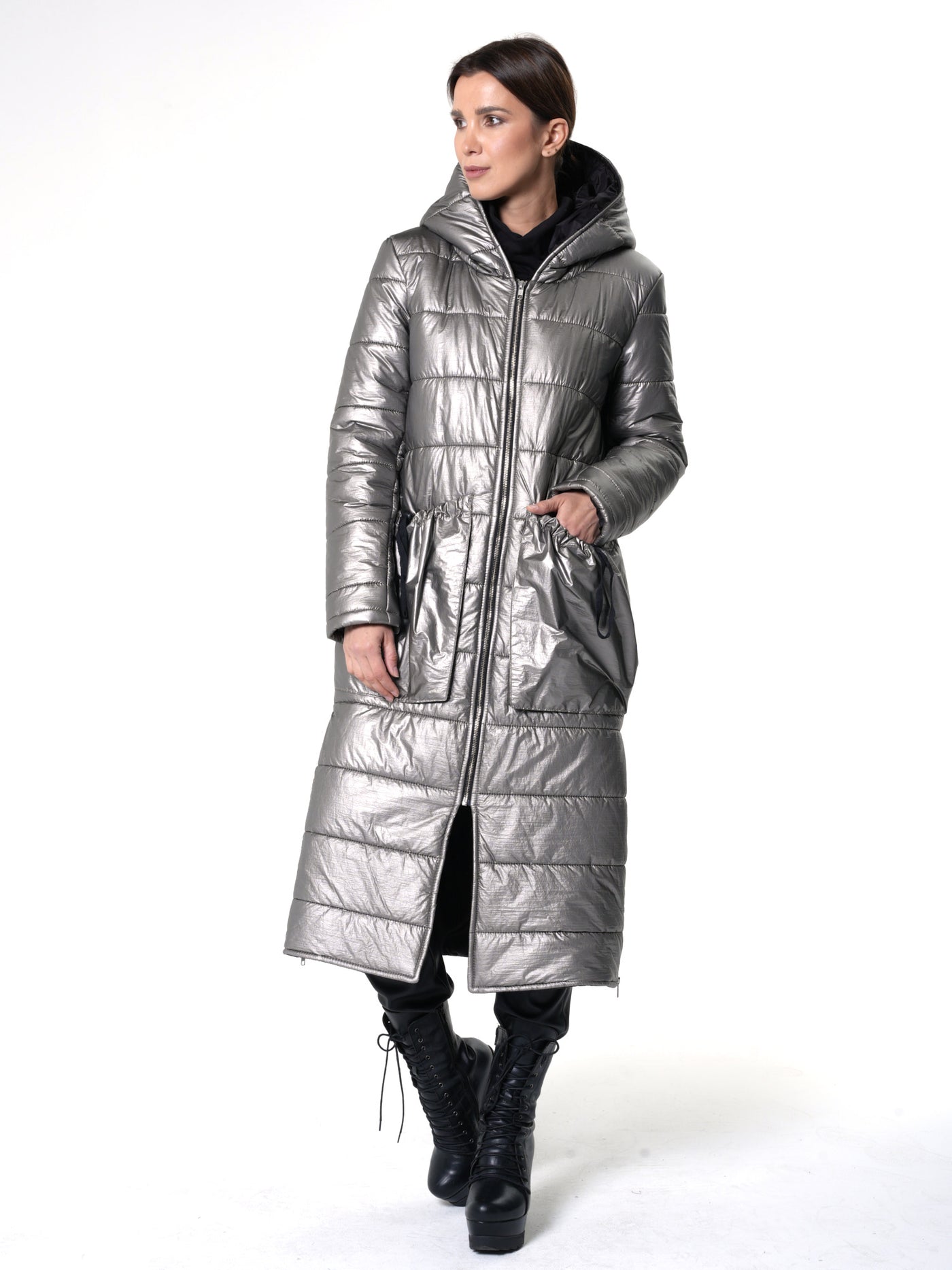 Long Silver Puffer Jacket With Oversize Pockets