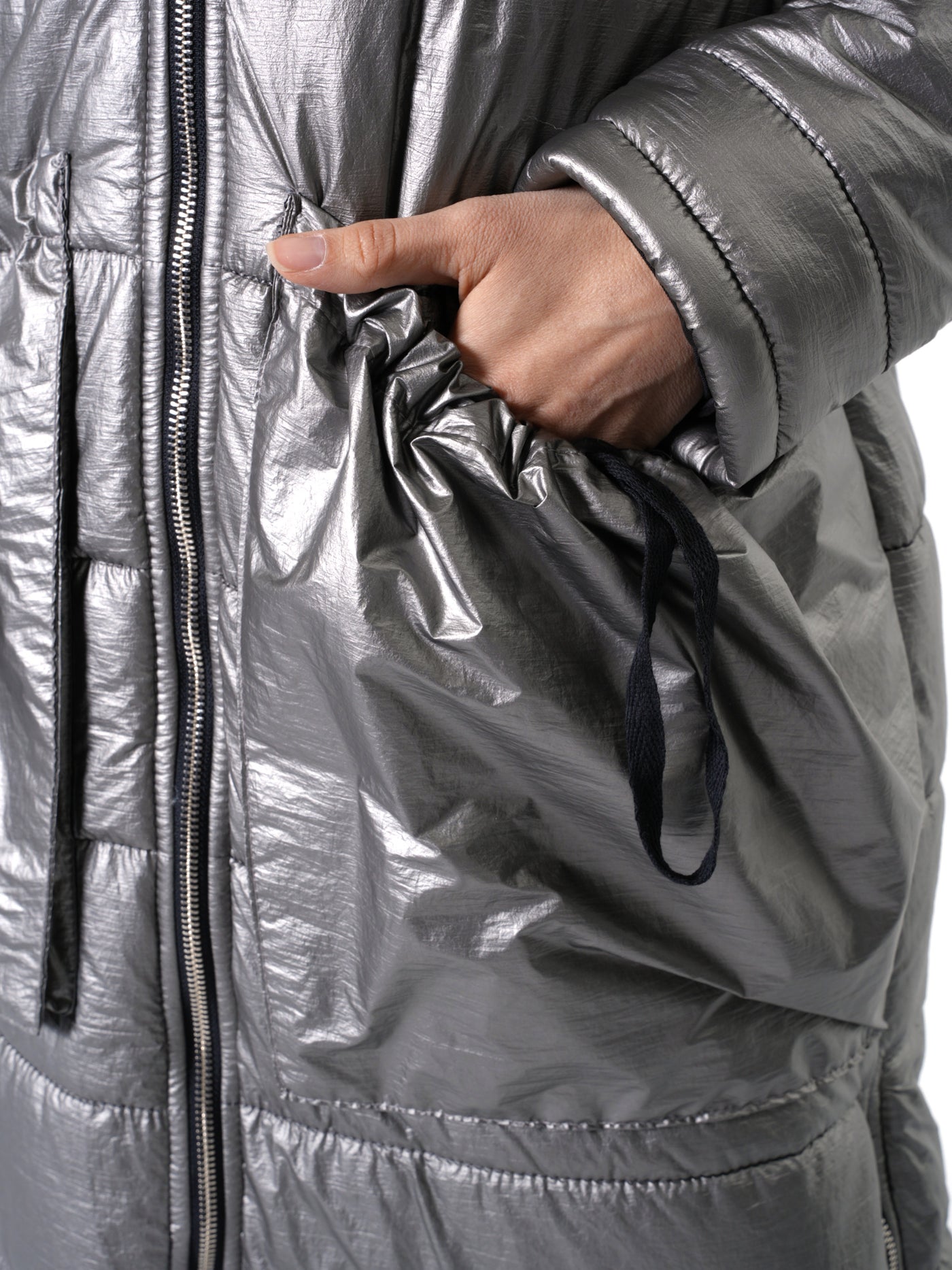 Long Silver Puffer Jacket With Oversize Pockets