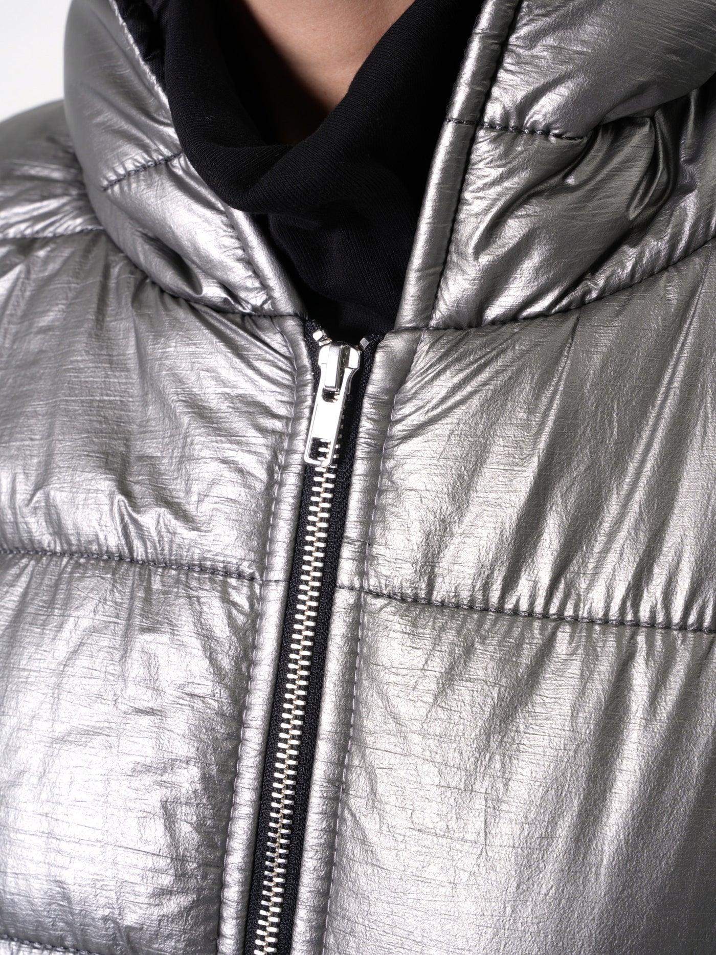 Long Silver Puffer Jacket With Oversize Pockets