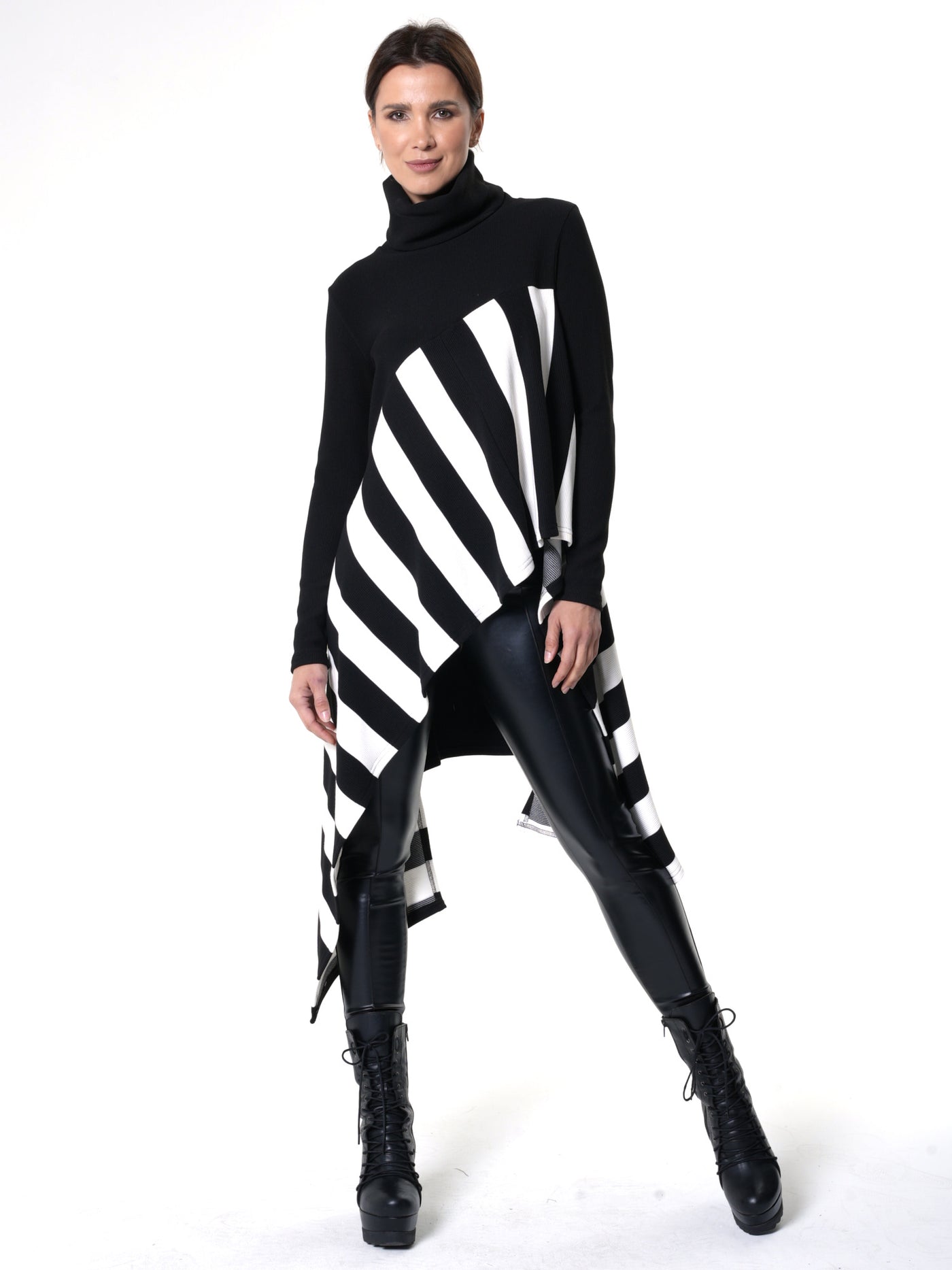 Asymmetric Striped Tunic In Black and White