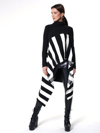 Asymmetric Striped Tunic In Black and White