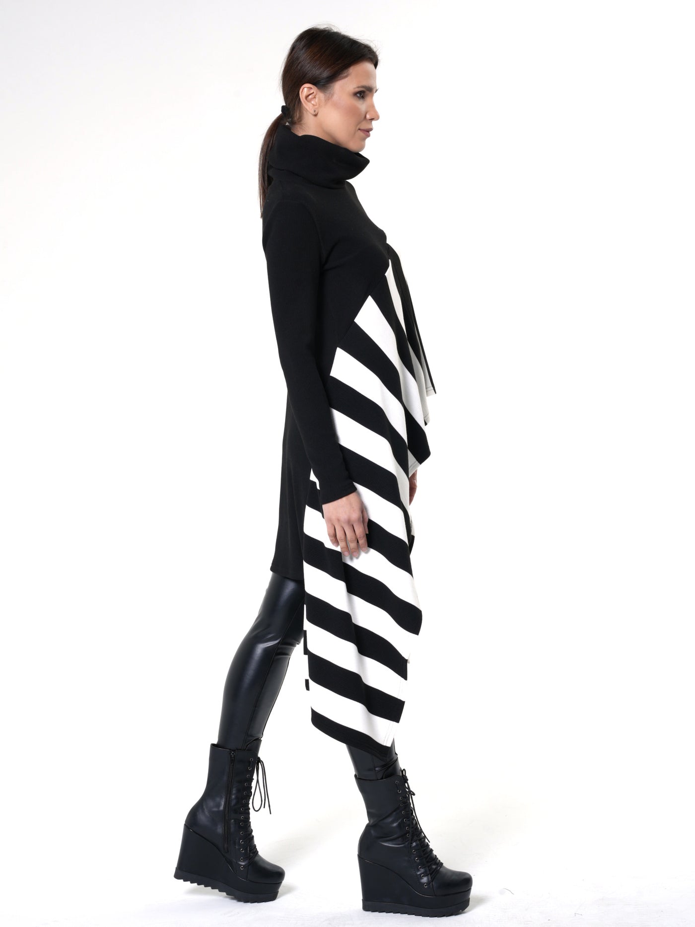 Asymmetric Striped Tunic In Black and White