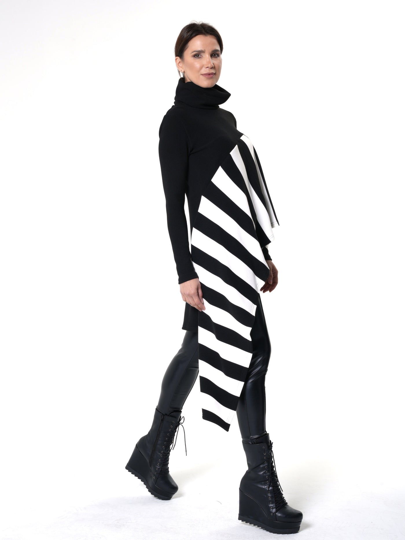 Asymmetric Striped Tunic In Black and White