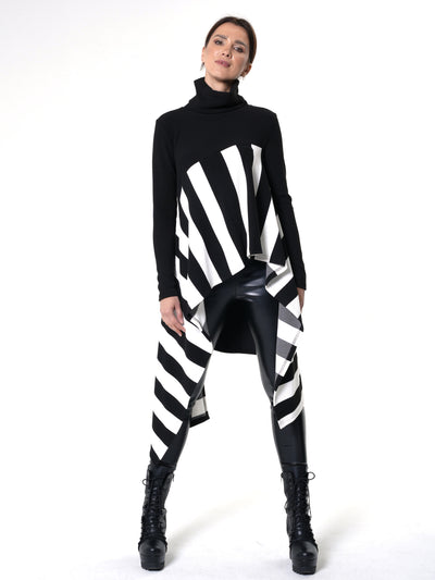 Asymmetric Striped Tunic In Black and White