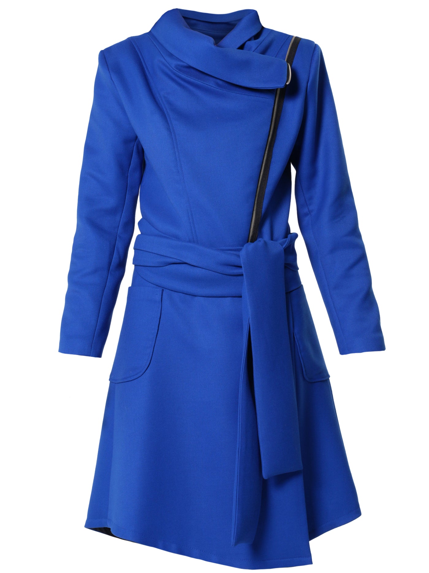 Asymmetric Belted Coat In Royal Blue