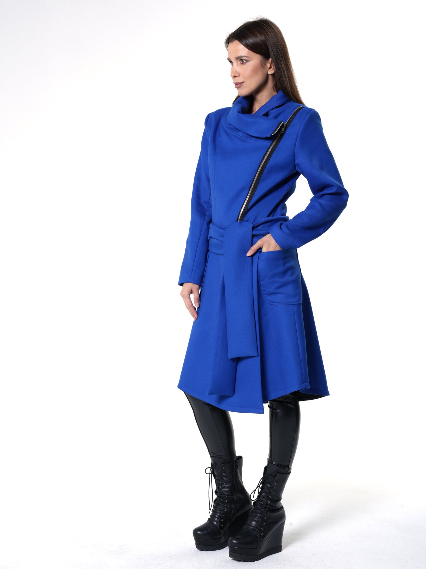 Asymmetric Belted Coat In Royal Blue