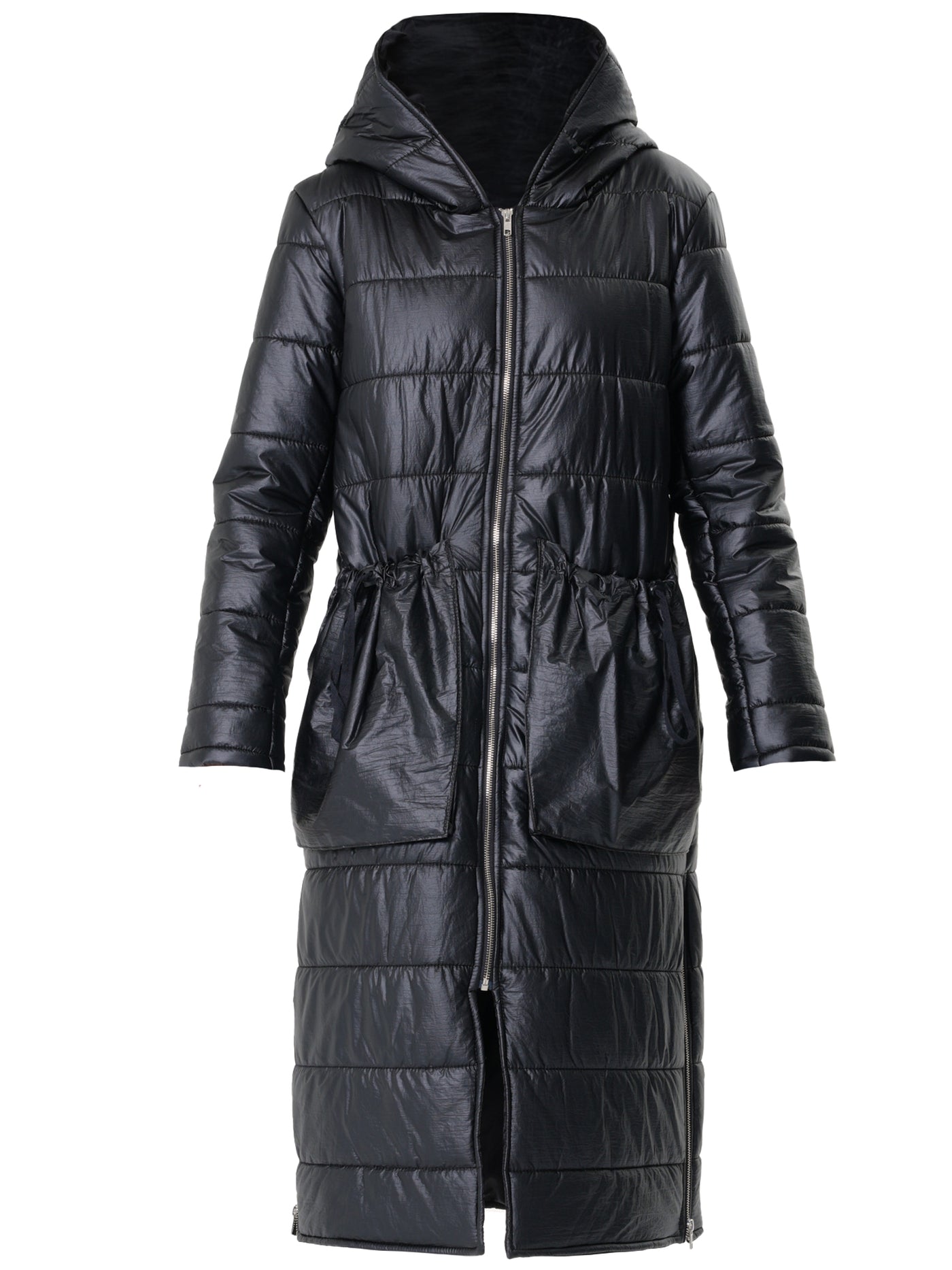 Long Black Puffer Jacket With Oversize Pockets