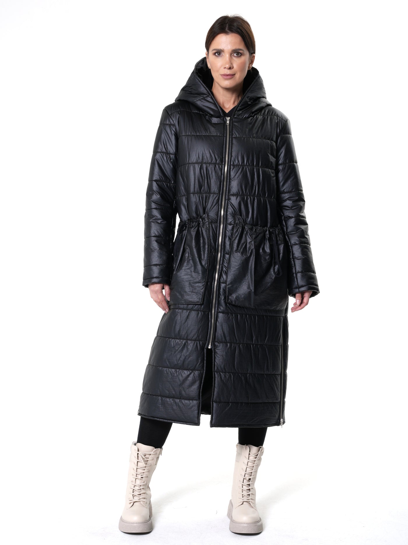 Long Black Puffer Jacket With Oversize Pockets