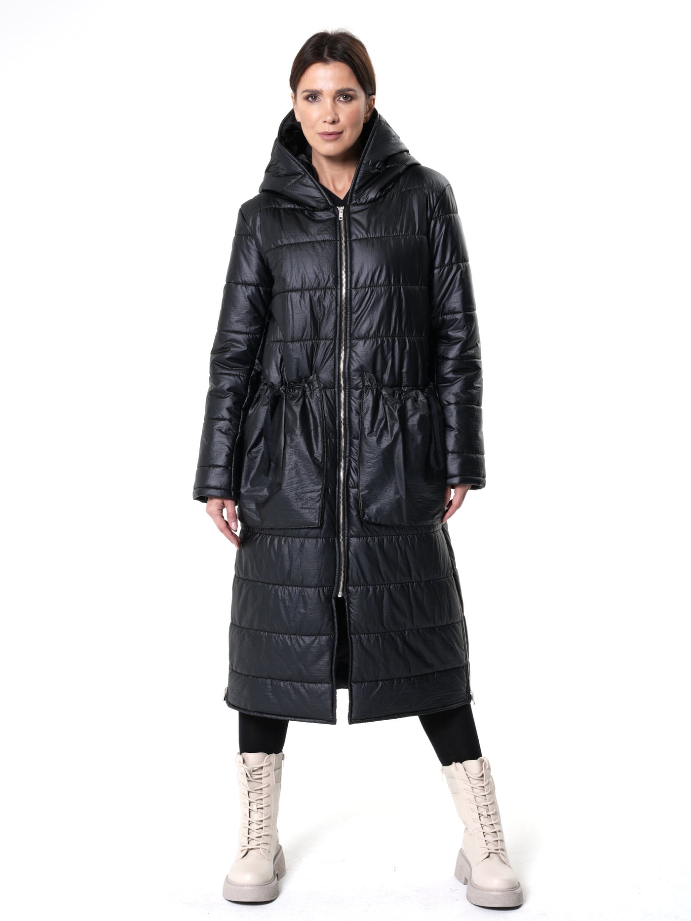 Long Black Puffer Jacket With Oversize Pockets