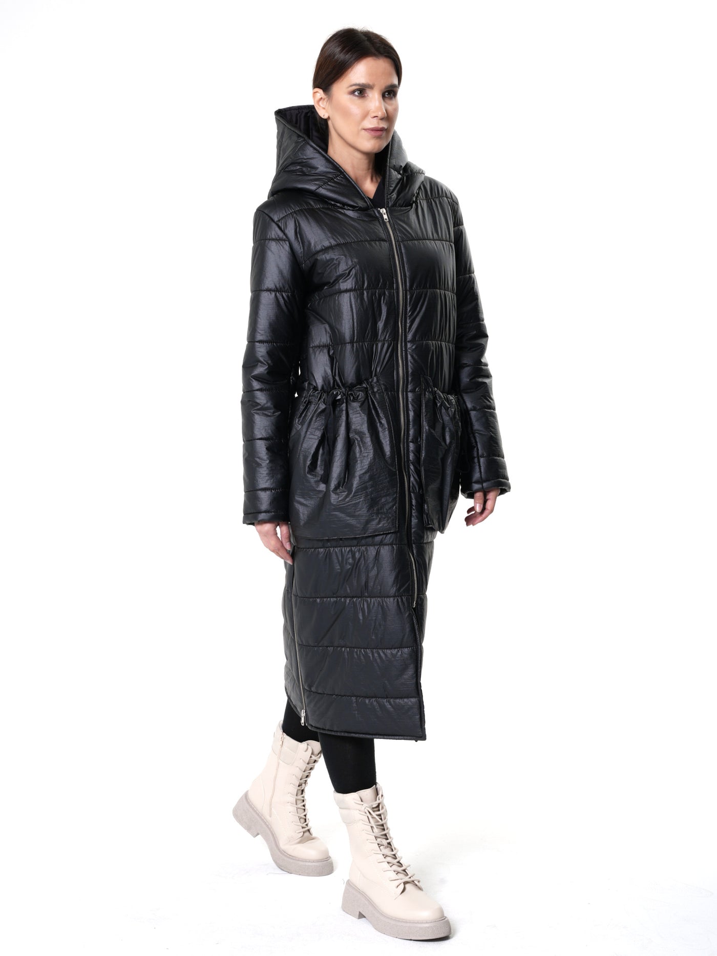 Long Black Puffer Jacket With Oversize Pockets