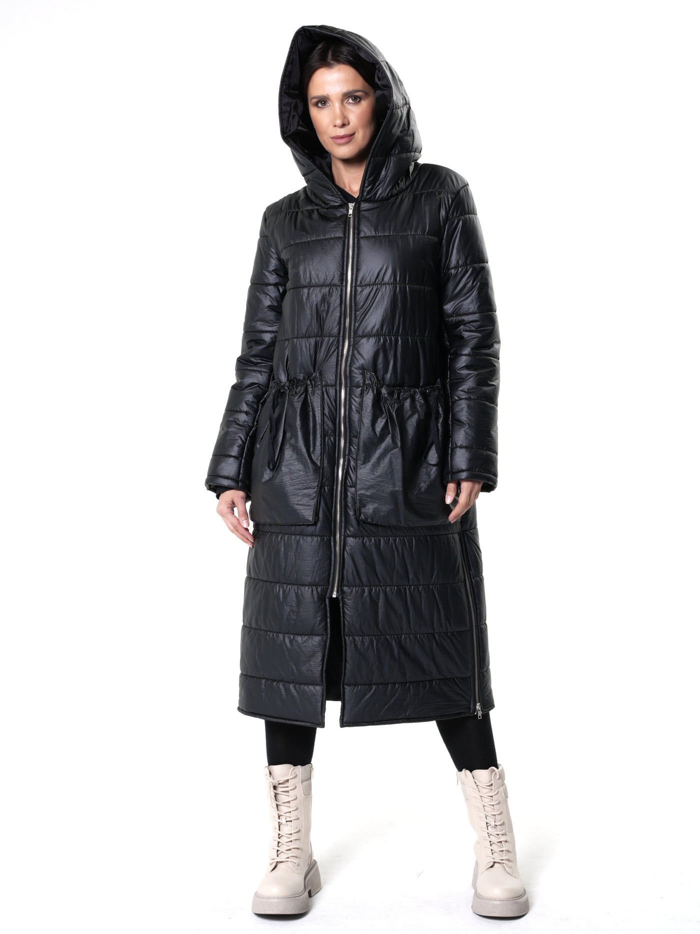 Long Black Puffer Jacket With Oversize Pockets