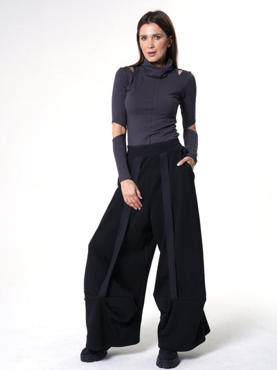 Wide-Leg Black Pants With Stripes