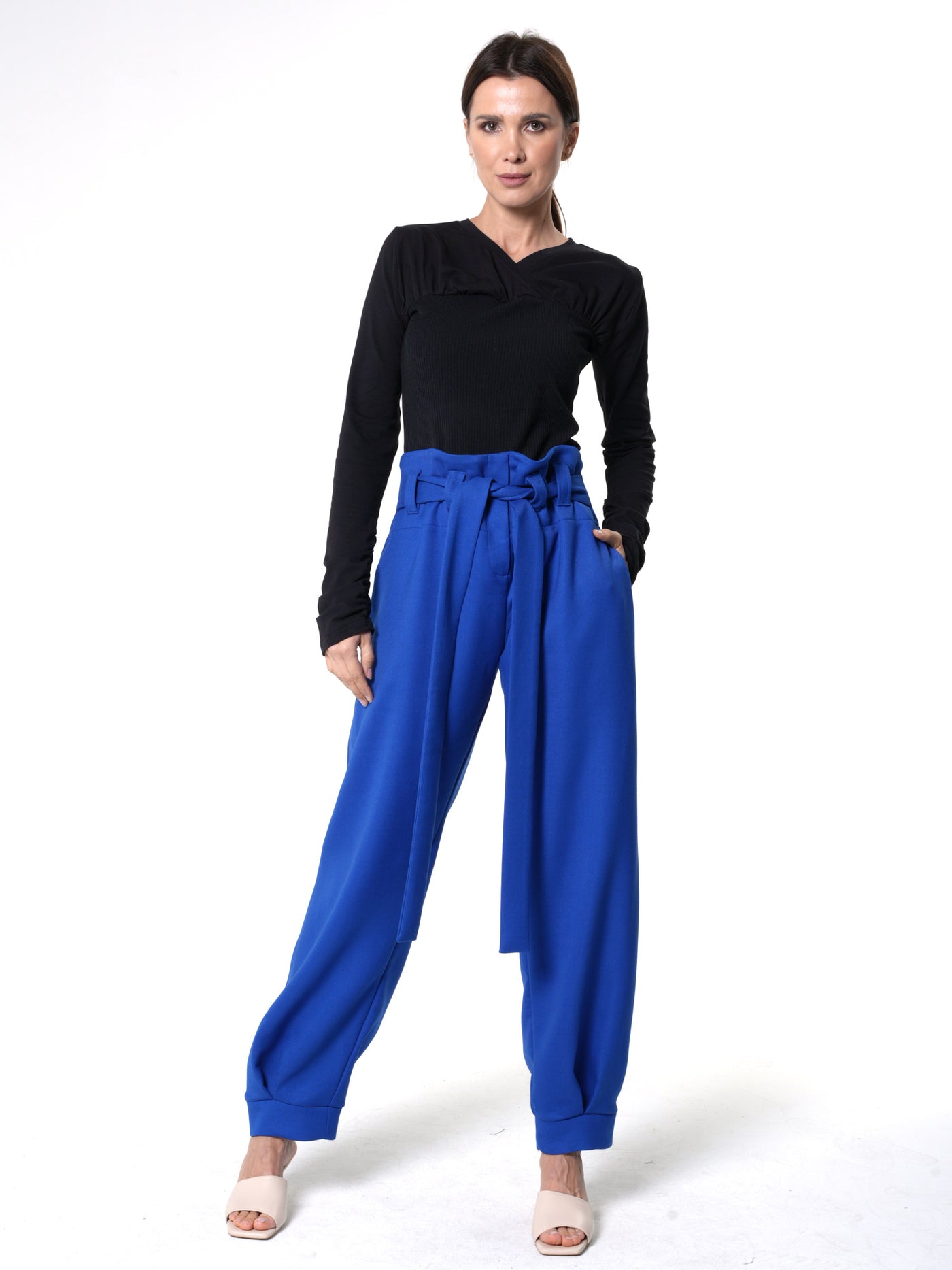 High-Waisted Paperbag Pants in Royal Blue