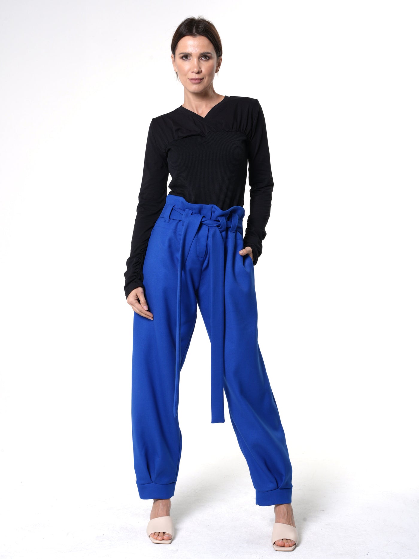 High-Waisted Paperbag Pants in Royal Blue