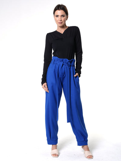 High-Waisted Paperbag Pants in Royal Blue