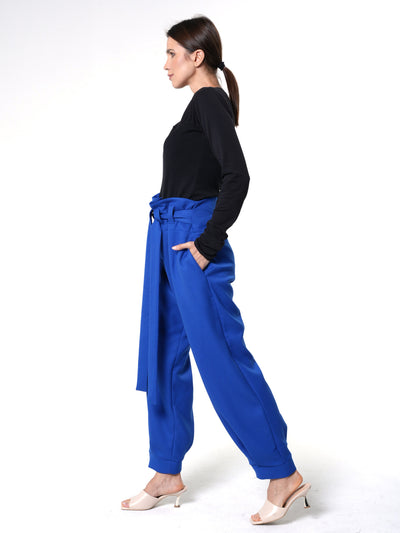 High-Waisted Paperbag Pants in Royal Blue