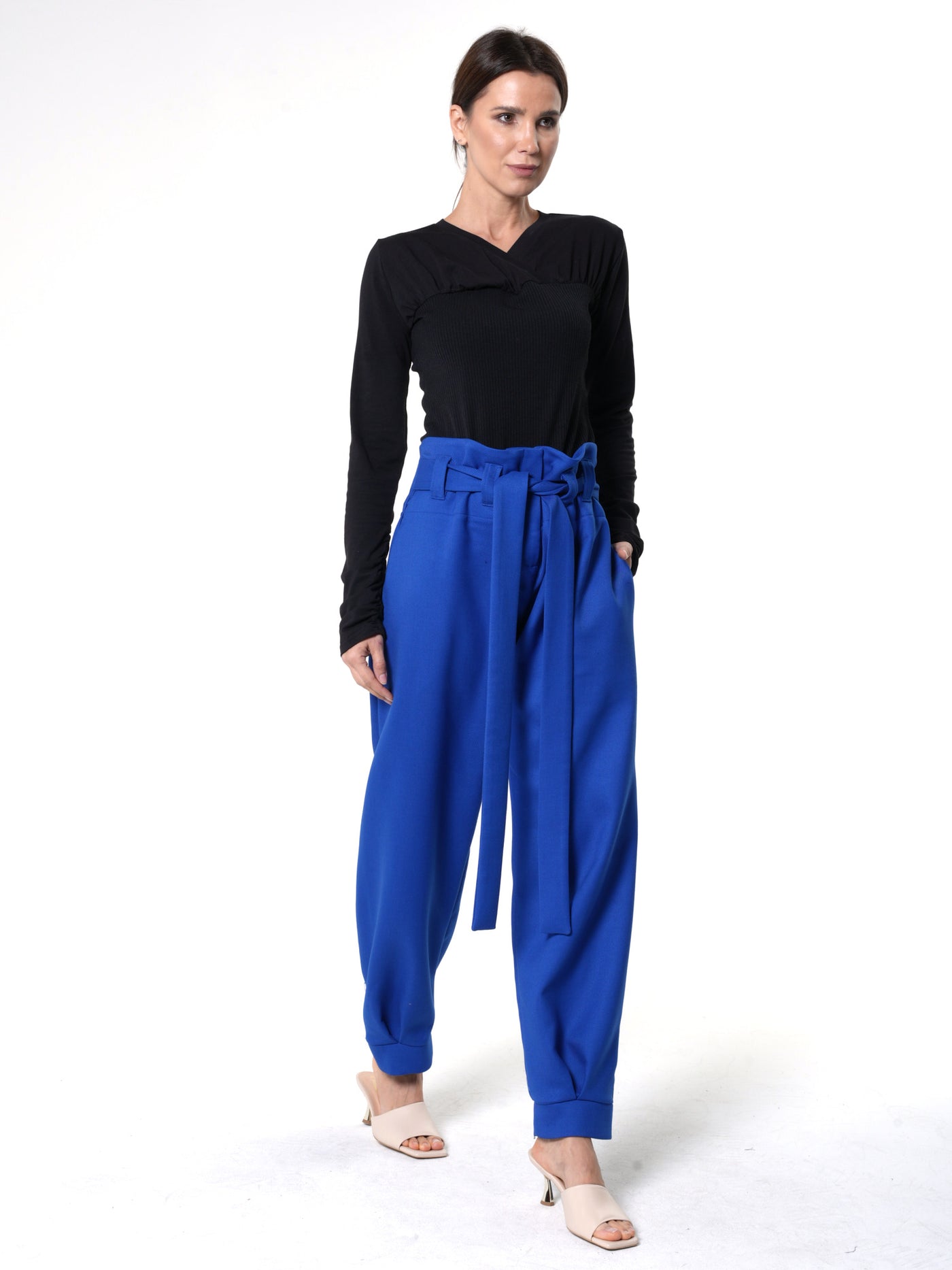 High-Waisted Paperbag Pants in Royal Blue