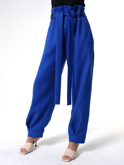 High-Waisted Paperbag Pants in Royal Blue