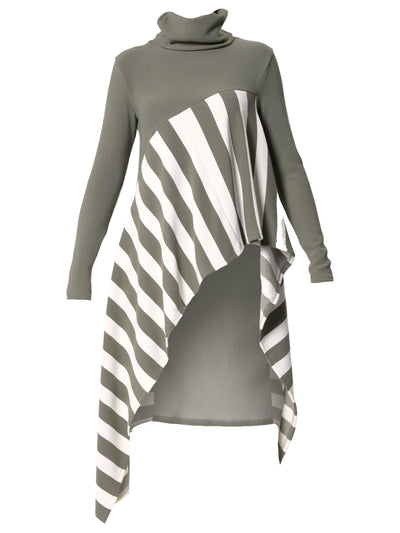 Asymmetric Striped Tunic In Khaki and White