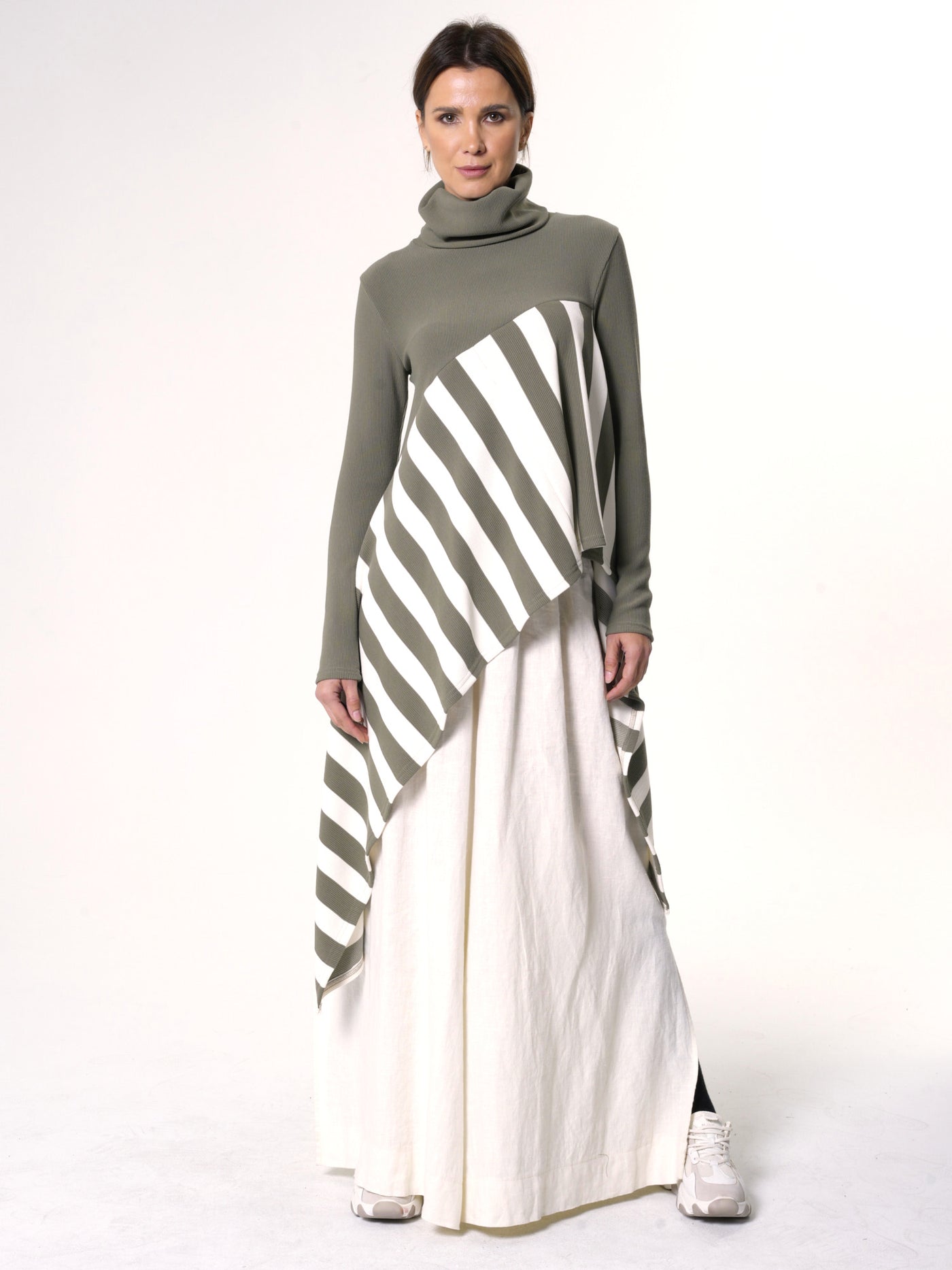 Asymmetric Striped Tunic In Khaki and White