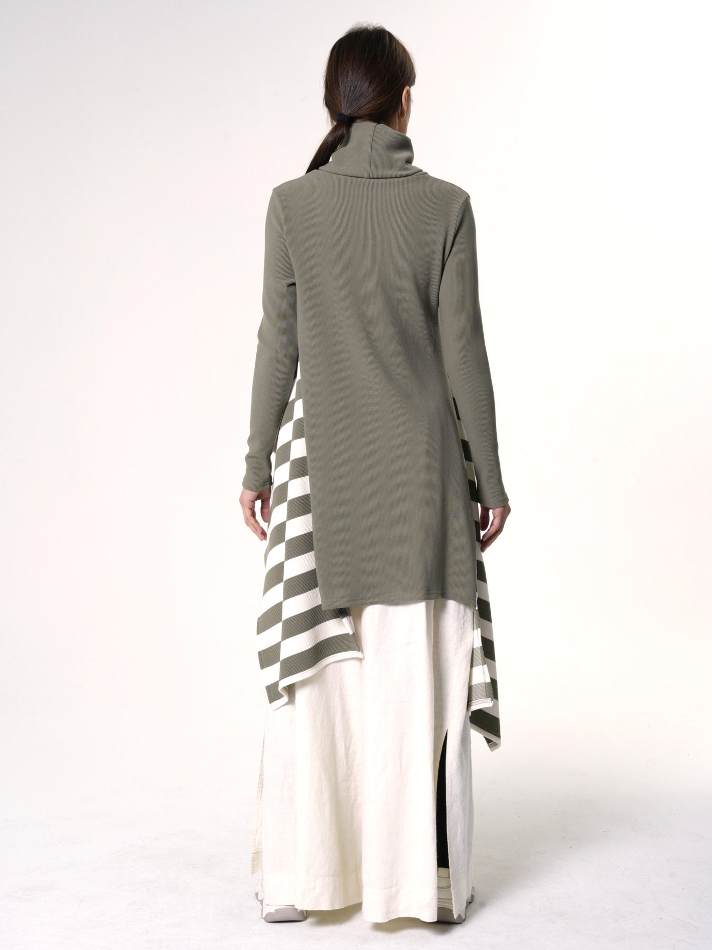 Asymmetric Striped Tunic In Khaki and White