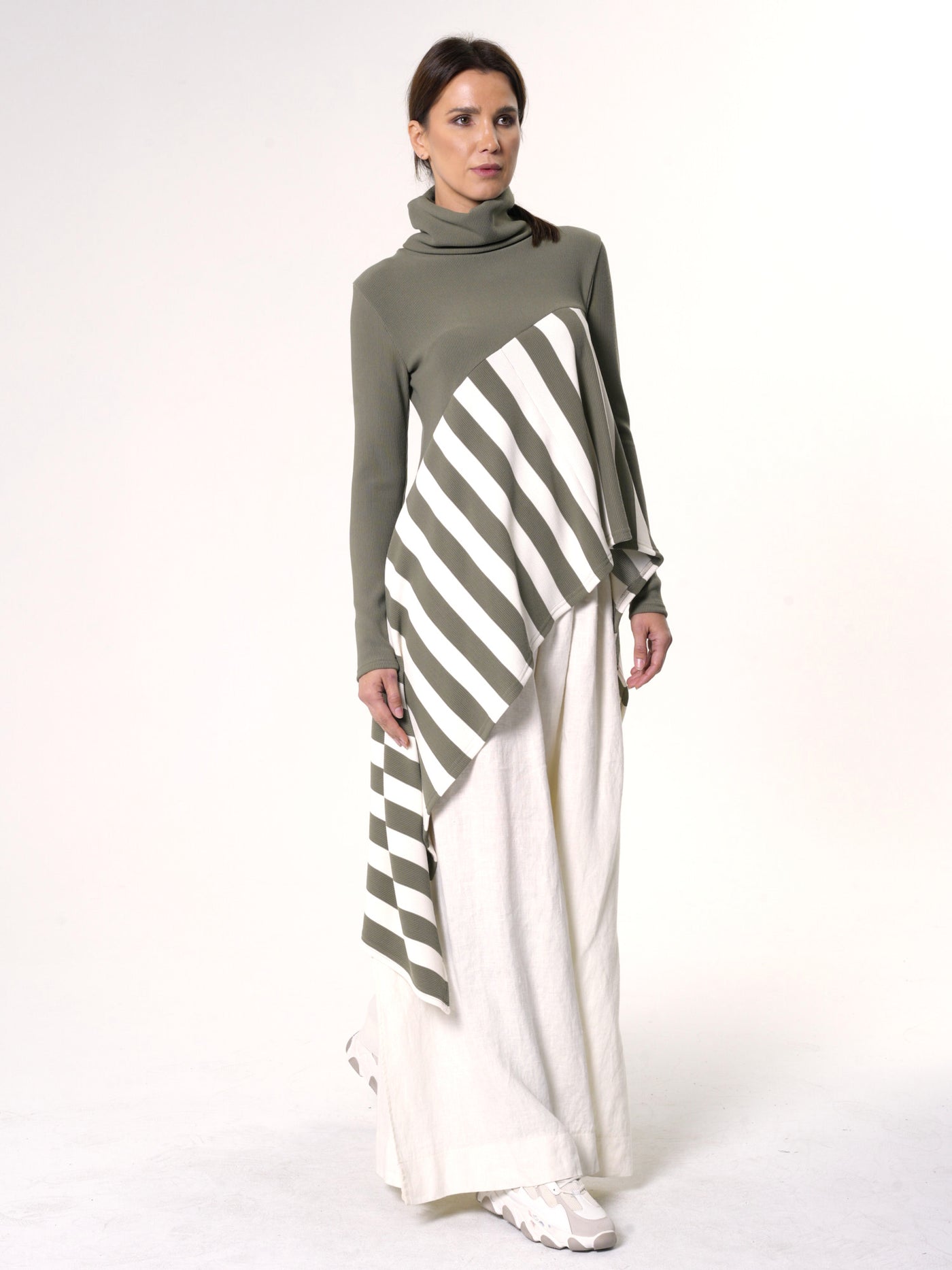 Asymmetric Striped Tunic In Khaki and White