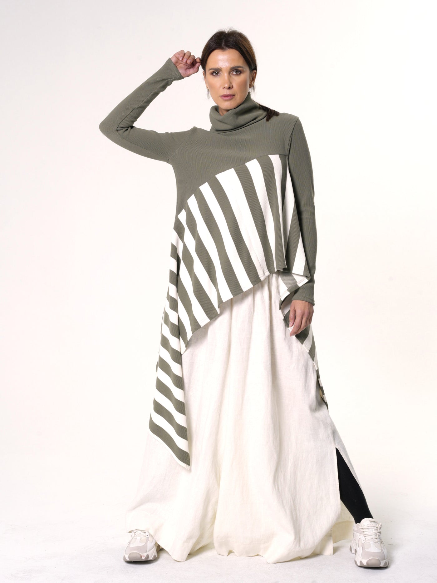 Asymmetric Striped Tunic In Khaki and White