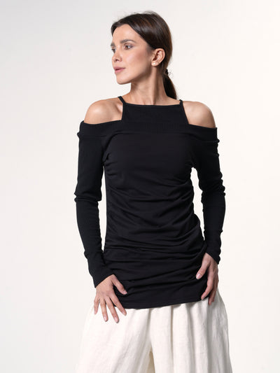 Open Shoulders Long Sleeve Top in Black