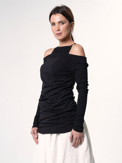 Open Shoulders Long Sleeve Top in Black