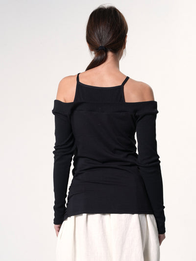 Open Shoulders Long Sleeve Top in Black