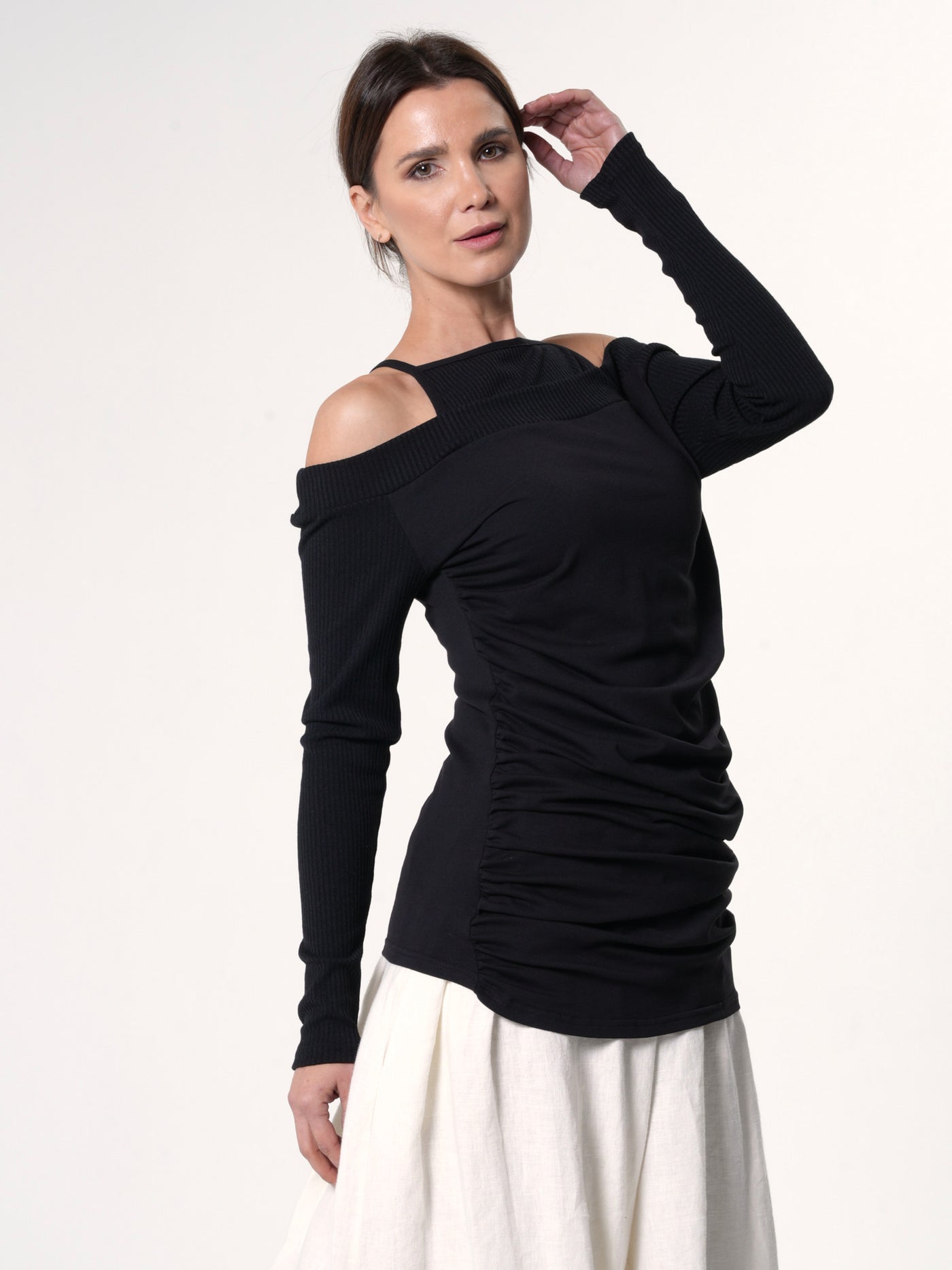 Open Shoulders Long Sleeve Top in Black