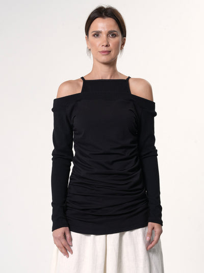 Open Shoulders Long Sleeve Top in Black