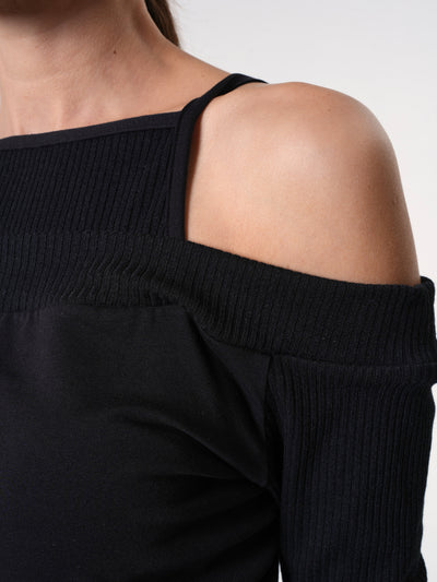 Open Shoulders Long Sleeve Top in Black