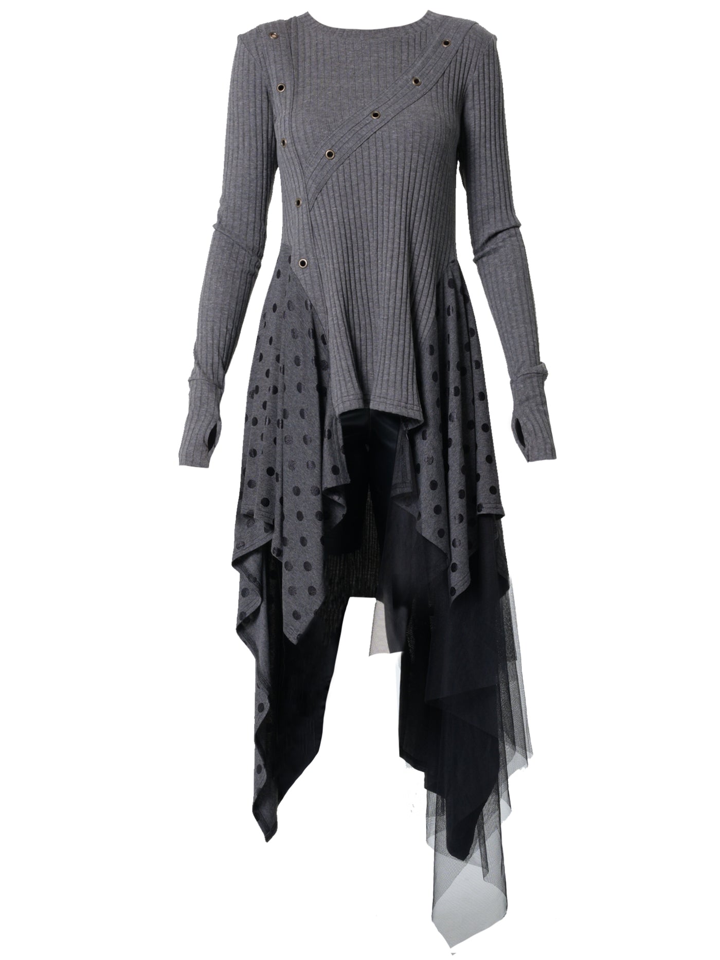 Asymmetric Knit Tunic with Polka Dots and Tulle Layer