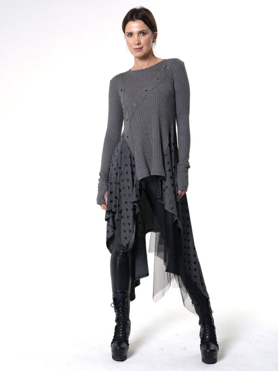 Asymmetric Knit Tunic with Polka Dots and Tulle Layer