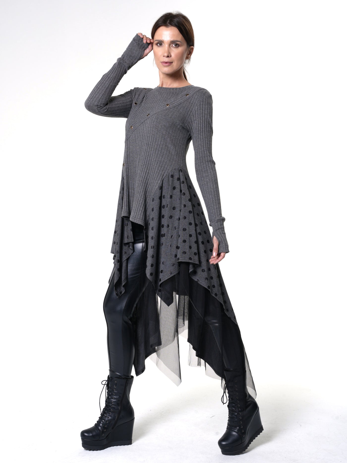 Asymmetric Knit Tunic with Polka Dots and Tulle Layer