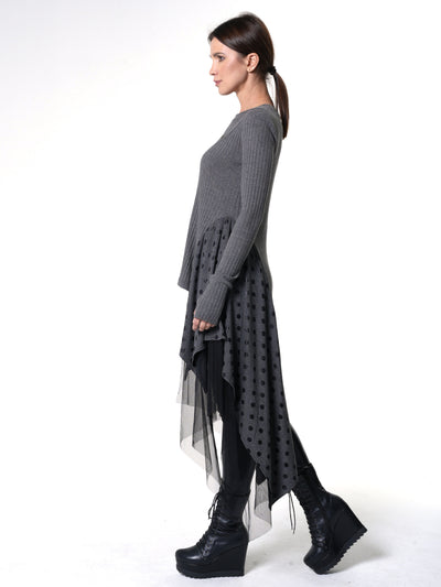 Asymmetric Knit Tunic with Polka Dots and Tulle Layer