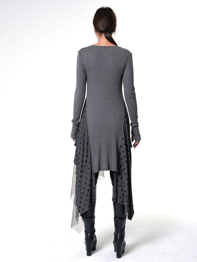 Asymmetric Knit Tunic with Polka Dots and Tulle Layer