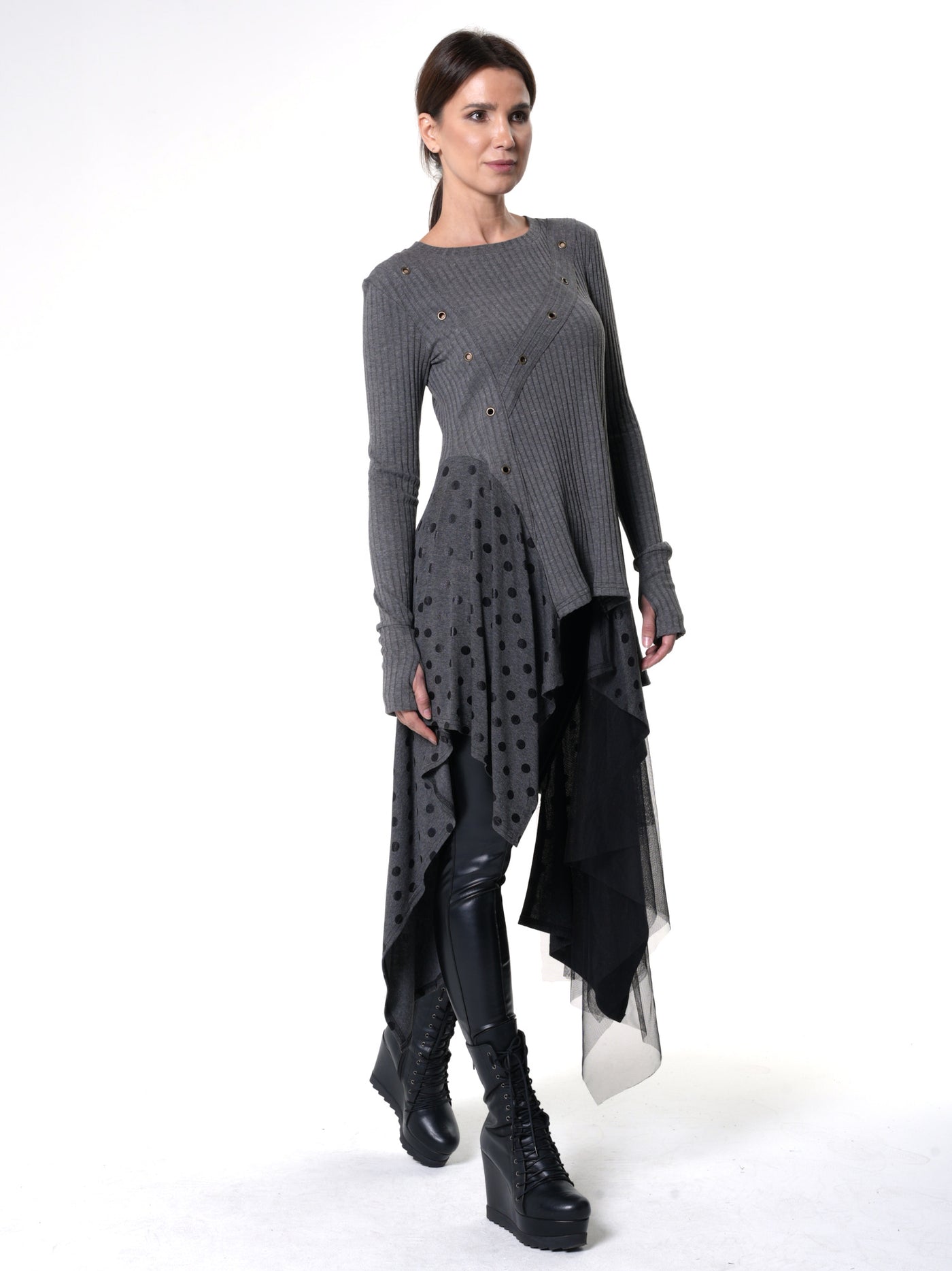 Asymmetric Knit Tunic with Polka Dots and Tulle Layer